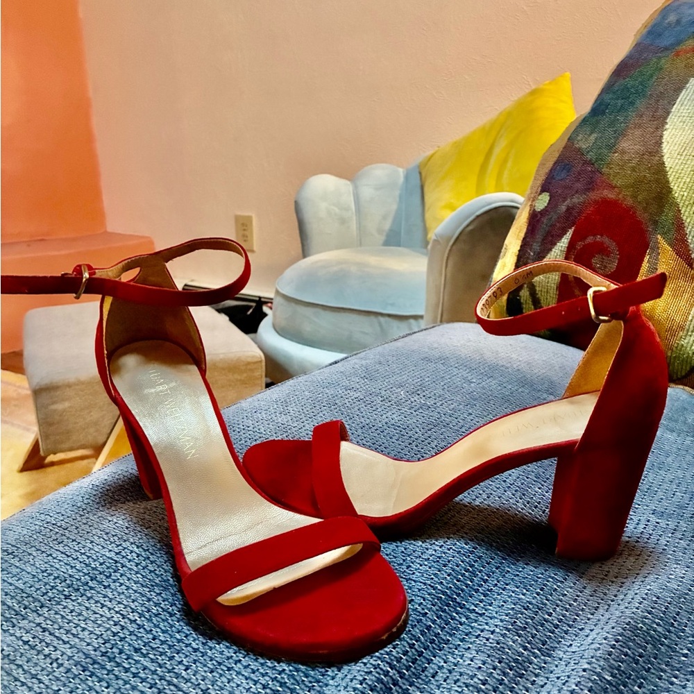 Stuart Weitzman Red Suede Ankle-Strap Block Heels